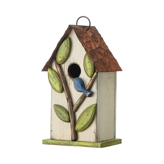 Glitzhome® 9.75" White Distressed Bird & Tree Birdhouse | 5" x 4.25" x 9.75" | Michaels®